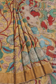 Beige Hand Painted Pen Kalamkari Tussar Silk Saree 10068732 - Avishya
