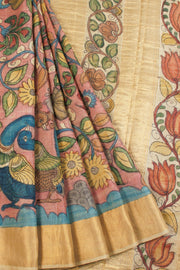 Pink Hand Painted Pen Kalamkari Tussar Silk Saree 10068733