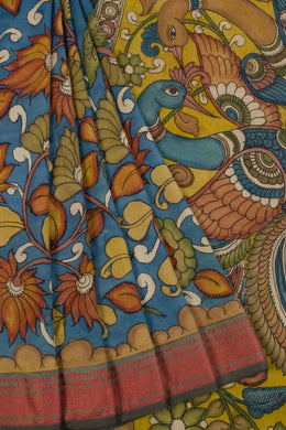 Blue Hand Painted Pen Kalamkari Silk Cotton Saree 10068729