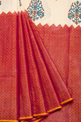  Half & Half Hand Block Brocode Dhaniakhali Cotton Saree 10068902 - Avishya