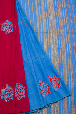 Blue Dhaniakhali Cotton Saree With Khesh Weave & Embroidered 10068907 - Avishya