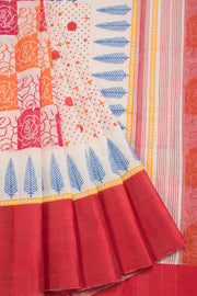 Off White Hand Block Print Dhaniakhali Cotton Saree With Satin Border 10068908 - Avishya