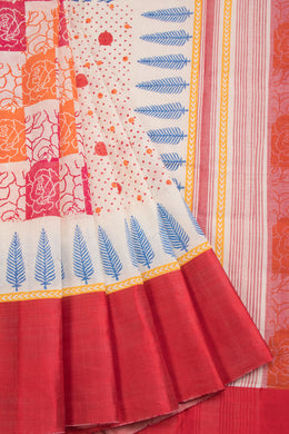 Off White Hand Block Print Dhaniakhali Cotton Saree With Satin Border 10068908 - Avishya