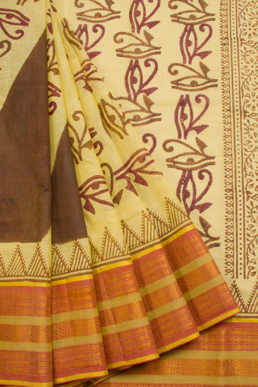 Beige Hand Block Print Dhaniakhali Cotton Saree 10068909 - Avishya