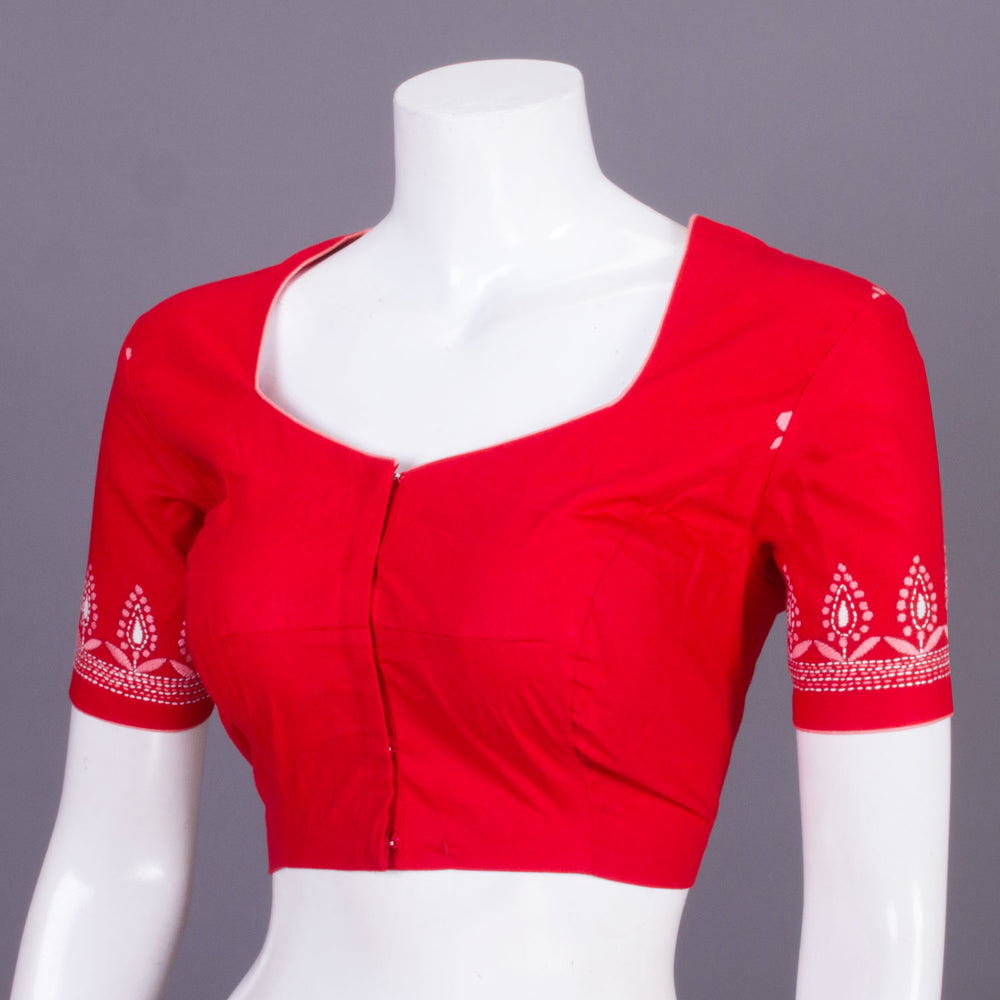 Red Kantha Embroidered Cotton Blouse 10068980 - Avishya