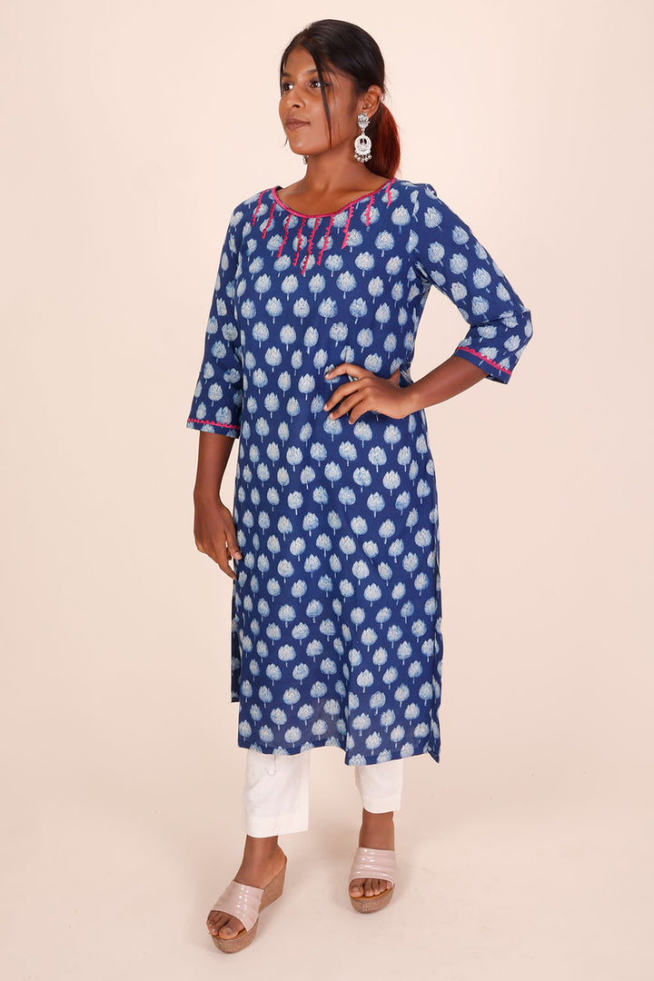 Indigo Dyed & Embroidered Dabu Printed Cotton Kurta 10068990 - Avishya