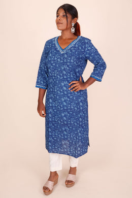 Indigo Dyed & Embroidered Dabu Printed Cotton Kurta 10068991 - Avishya