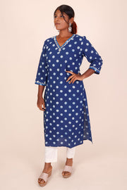 Blue Embroidered Dabu Printed Cotton Kurta 10068993 - Avishya