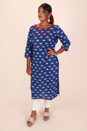 Indigo Dyed & Embroidered Dabu Printed Cotton Kurta 10068995 - Avishya