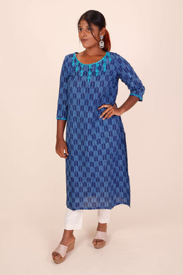 Indigo Dyed & Embroidered Dabu Printed Cotton Kurta 10068996 - Avishya