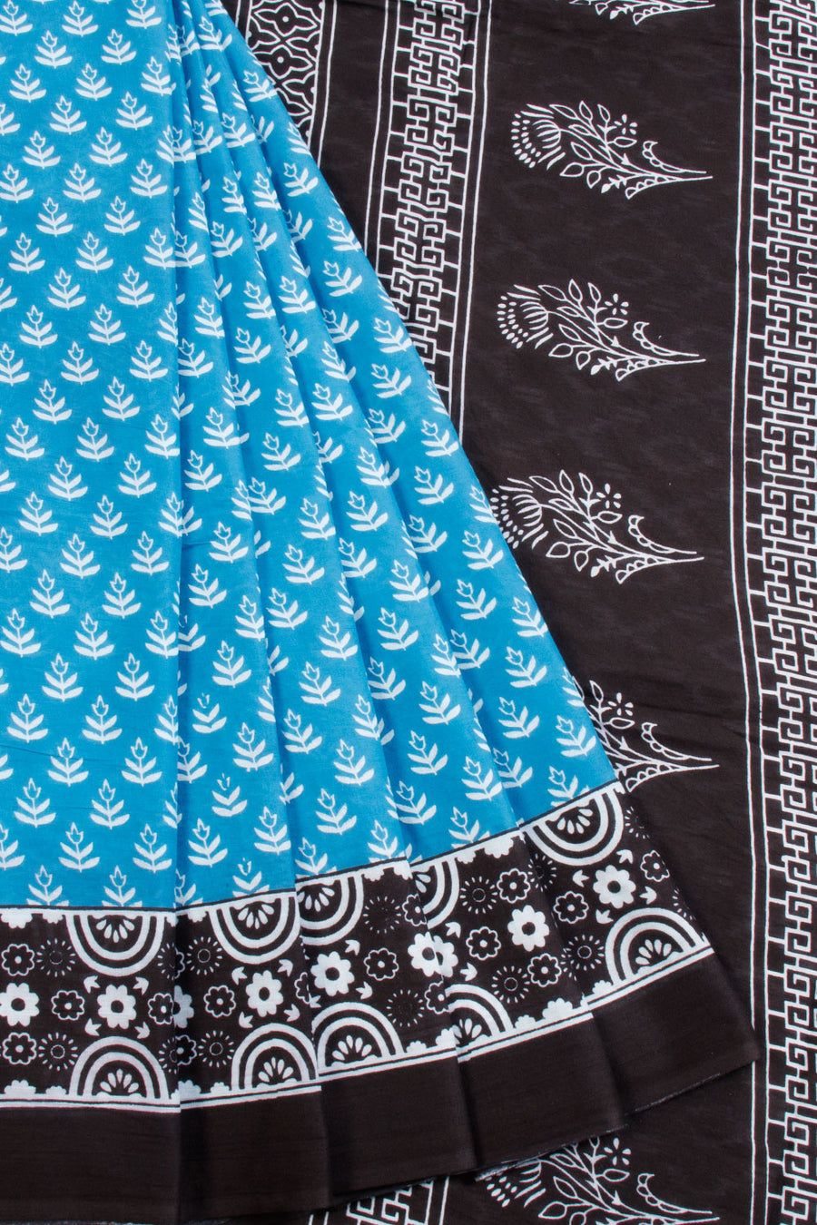 Blue Hand Block Printed Cotton Saree 10069075 - Avishya