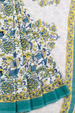 White Hand Block Printed Cotton Saree 10069076 - Avishya