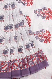 White Hand Block Printed Cotton Saree Without Blouse 10069077 - Avishya