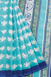 Blue Hand Block Printed Cotton Saree 10069078 - Avishya
