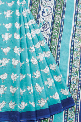 Blue Hand Block Printed Cotton Saree 10069078 - Avishya