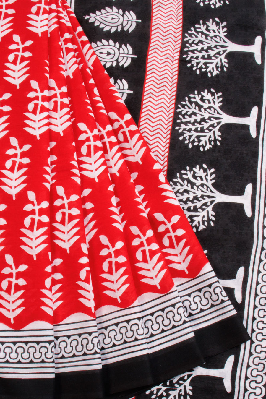 Red Hand Block Printed Cotton Saree 10069079 - Avishya