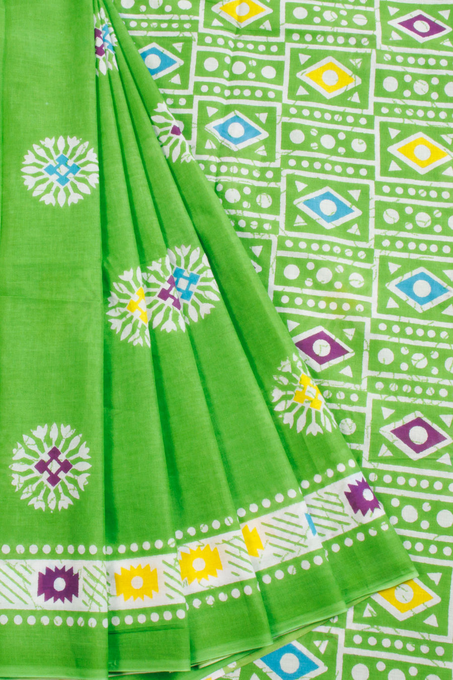 Green Hand Block Printed Cotton Saree 10069080 - Avishya