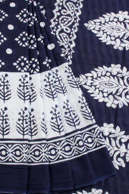 Blue Hand Block Printed Cotton Saree 10069084 - Avishya