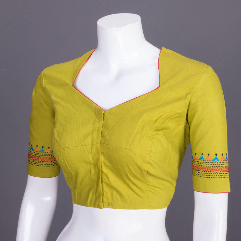 Green Kantha Embroidered Cotton Blouse 10069535 - Avishya