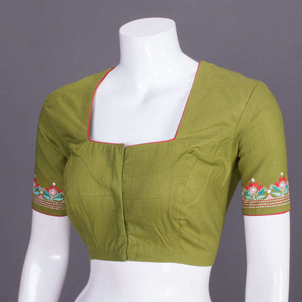 Green Kantha Embroidered Cotton Blouse 10069536 - Avishya