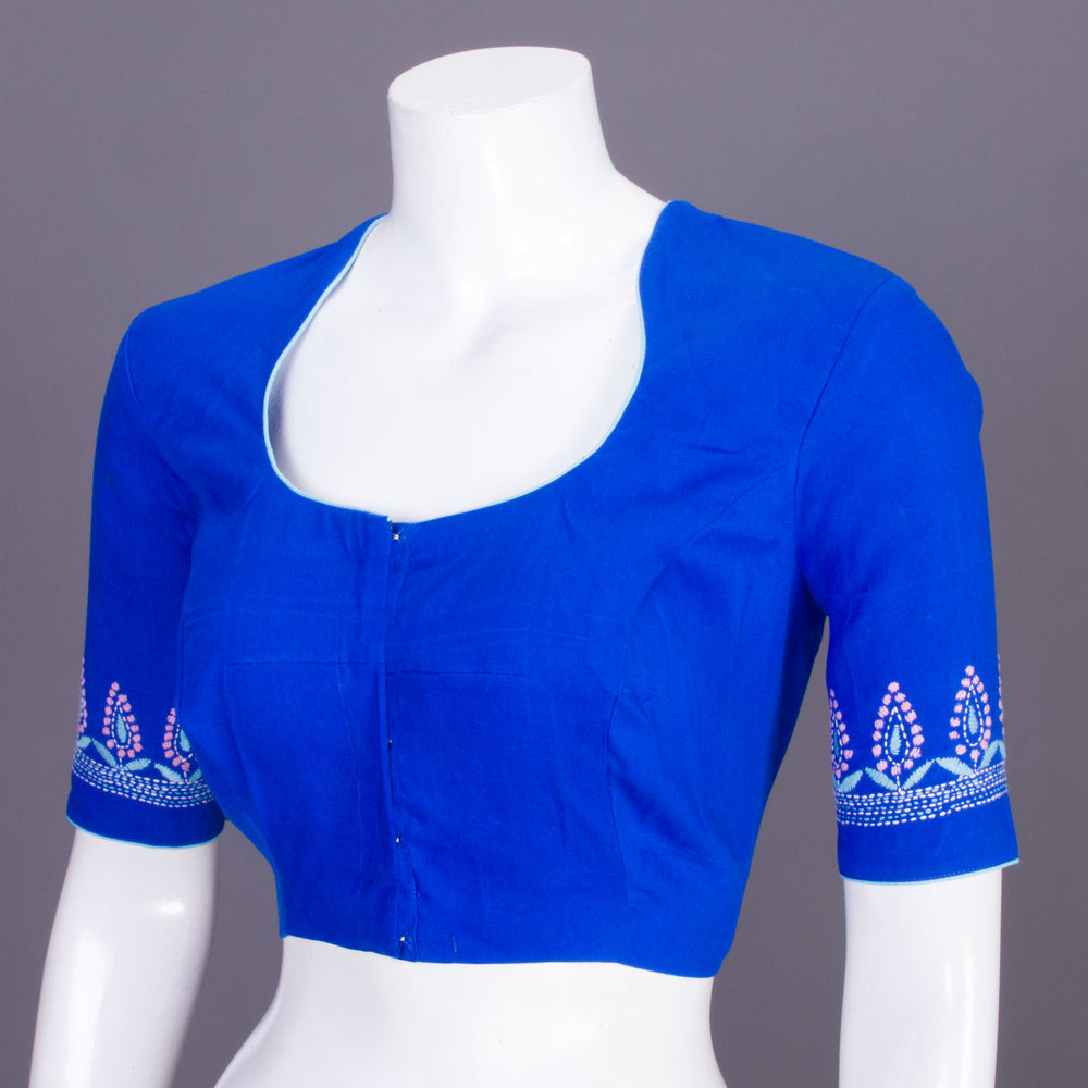Blue Kantha Embroidered Cotton Blouse 10069555 - Avishya