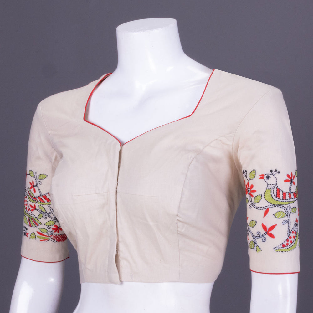 Beige Kantha Embroidered Cotton Blouse 10069562 - Avishya