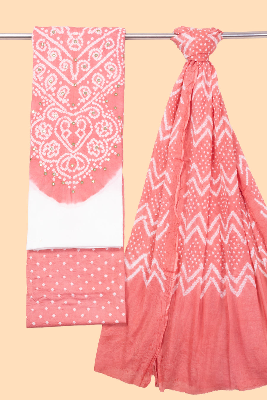 Coral Pink Bandhani Cotton 3-Piece Salwar Suit Material-Avishya