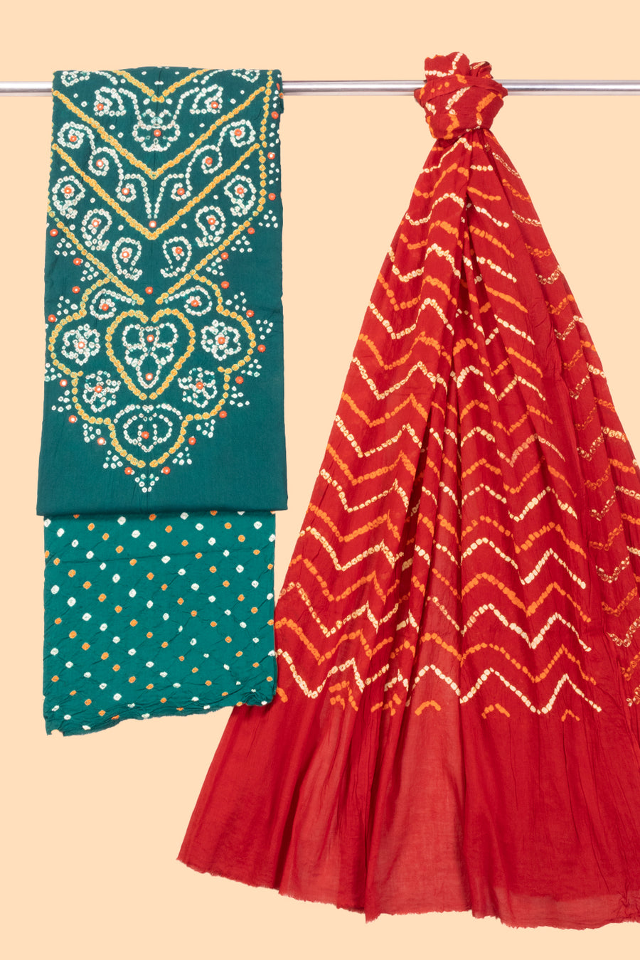 Green Bandhani Cotton 3-Piece Salwar Suit Material 10069613 -Avishya