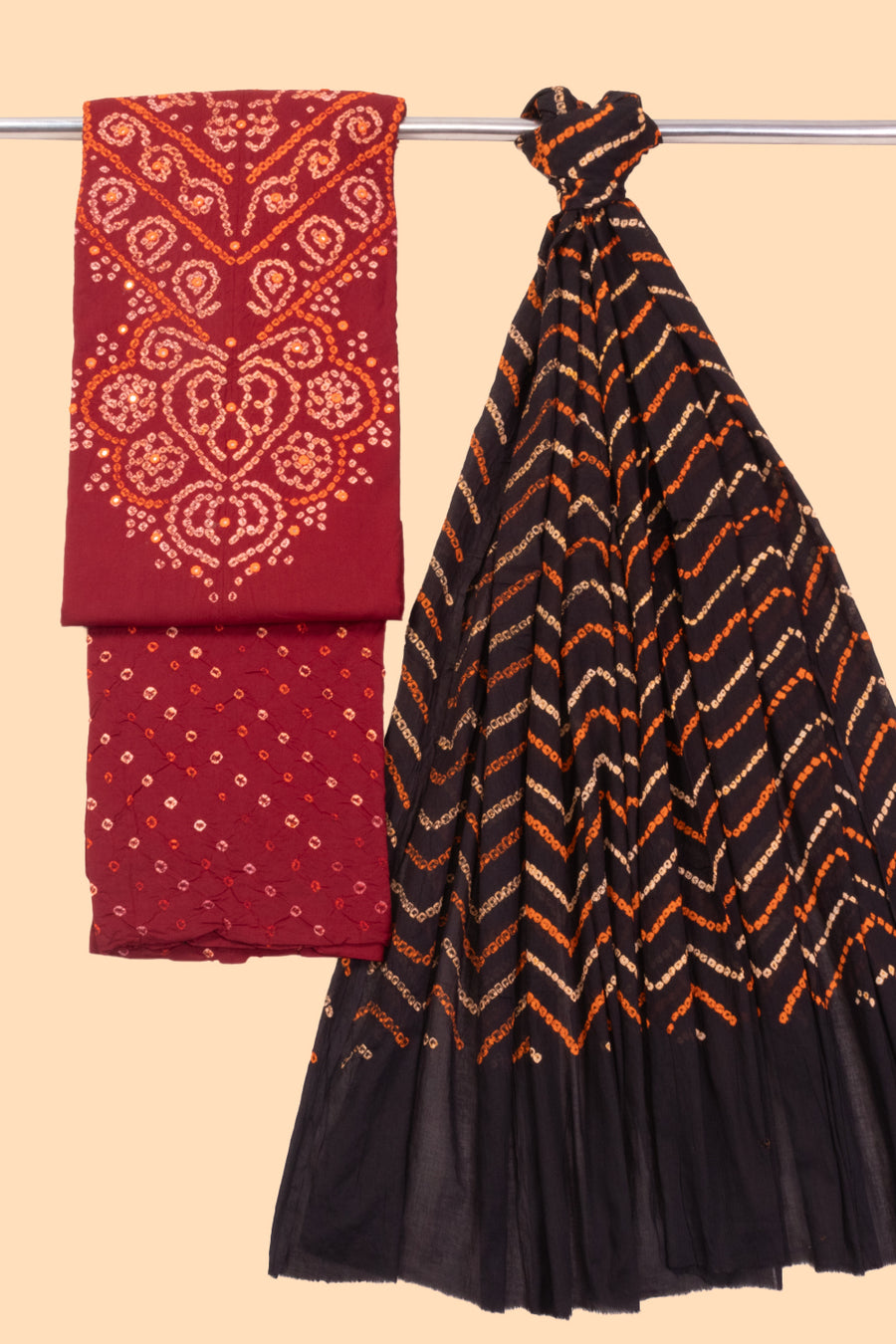 Red Bandhani Cotton 3-Piece Salwar Suit Material 10069614 -Avishya 