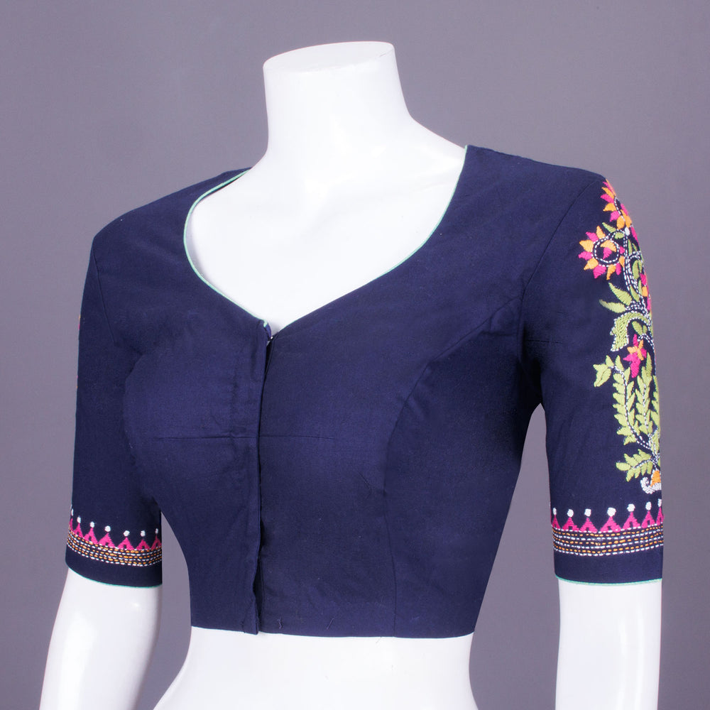 Blue Kantha Embroidered Cotton Blouse 10069757 - Avishya