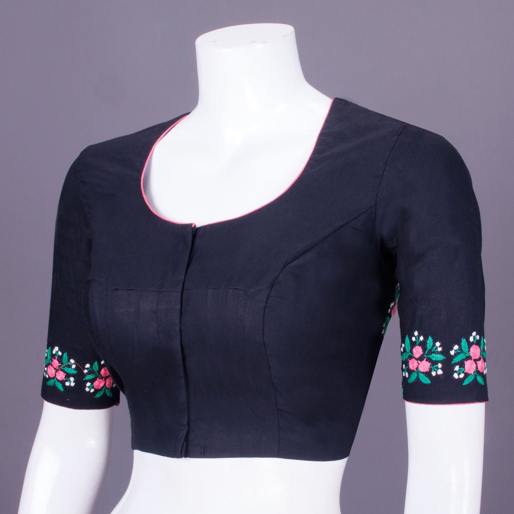 Black Kantha Embroidered Cotton Blouse 10069758 - Avishya