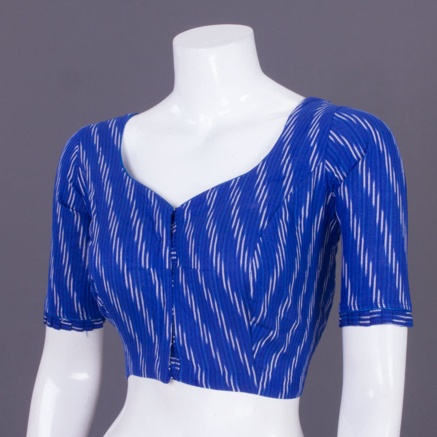 Blue Handcrafted Ikat Cotton Blouse Without Lining 10069957 - Avishya