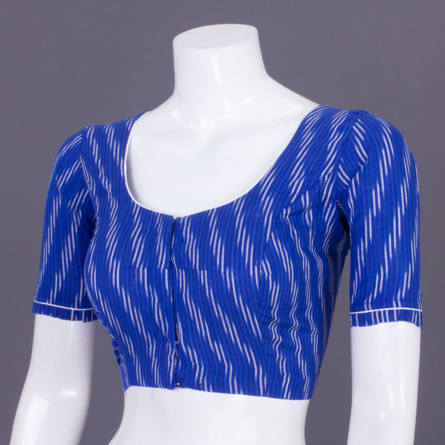 Blue Handcrafted Ikat Cotton Blouse Without Lining 10069958 - Avishya