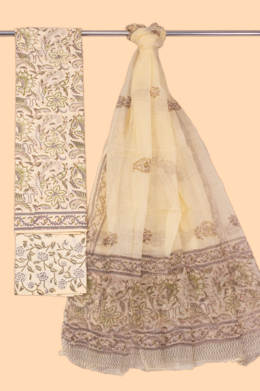 Cream 3-Piece Mulmul Cotton Salwar Suit Material with Kota Dupatta 10070090