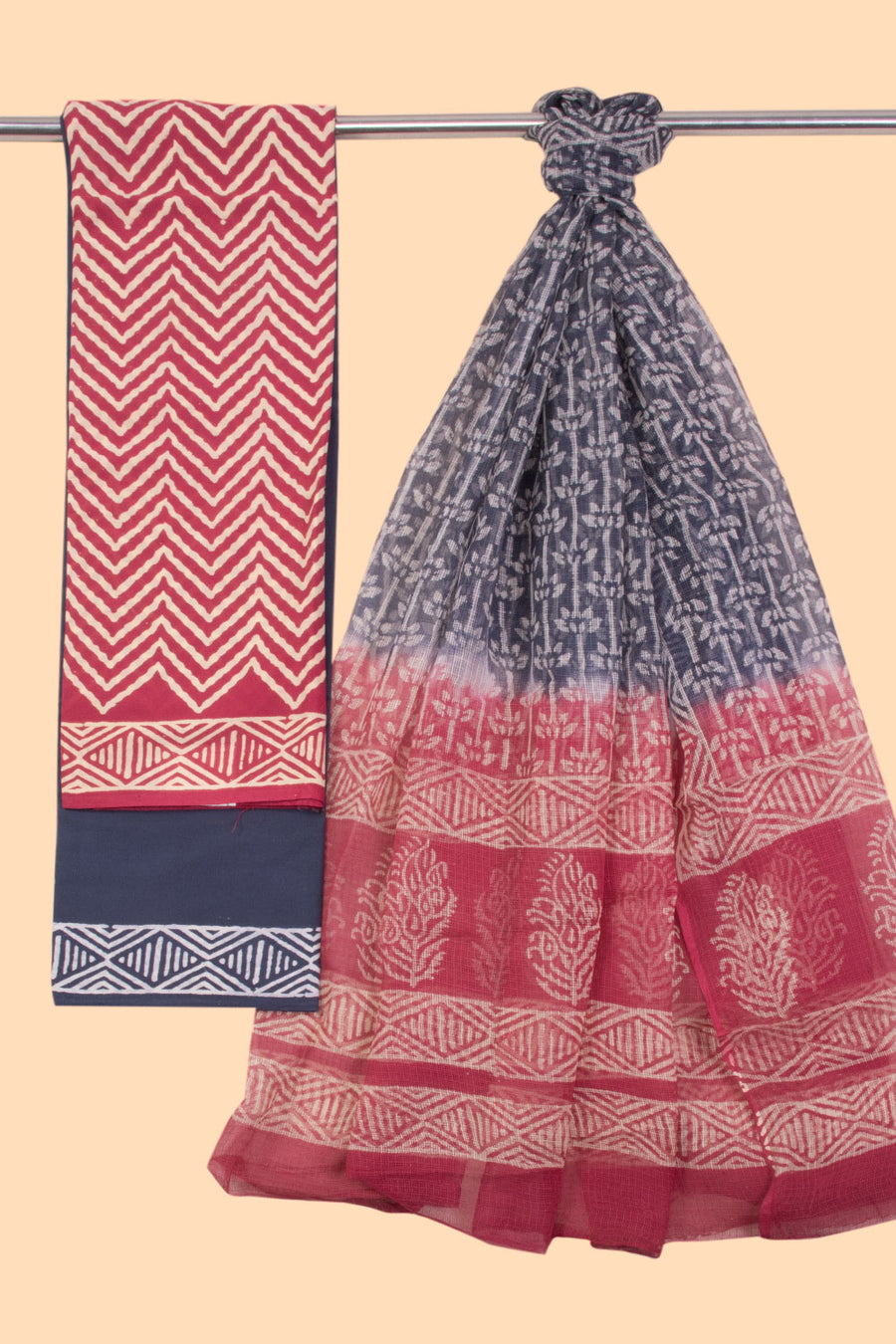 Red 3-Piece Mulmul Cotton Salwar Suit Material With Kota Dupatta 10070092 - Avishya