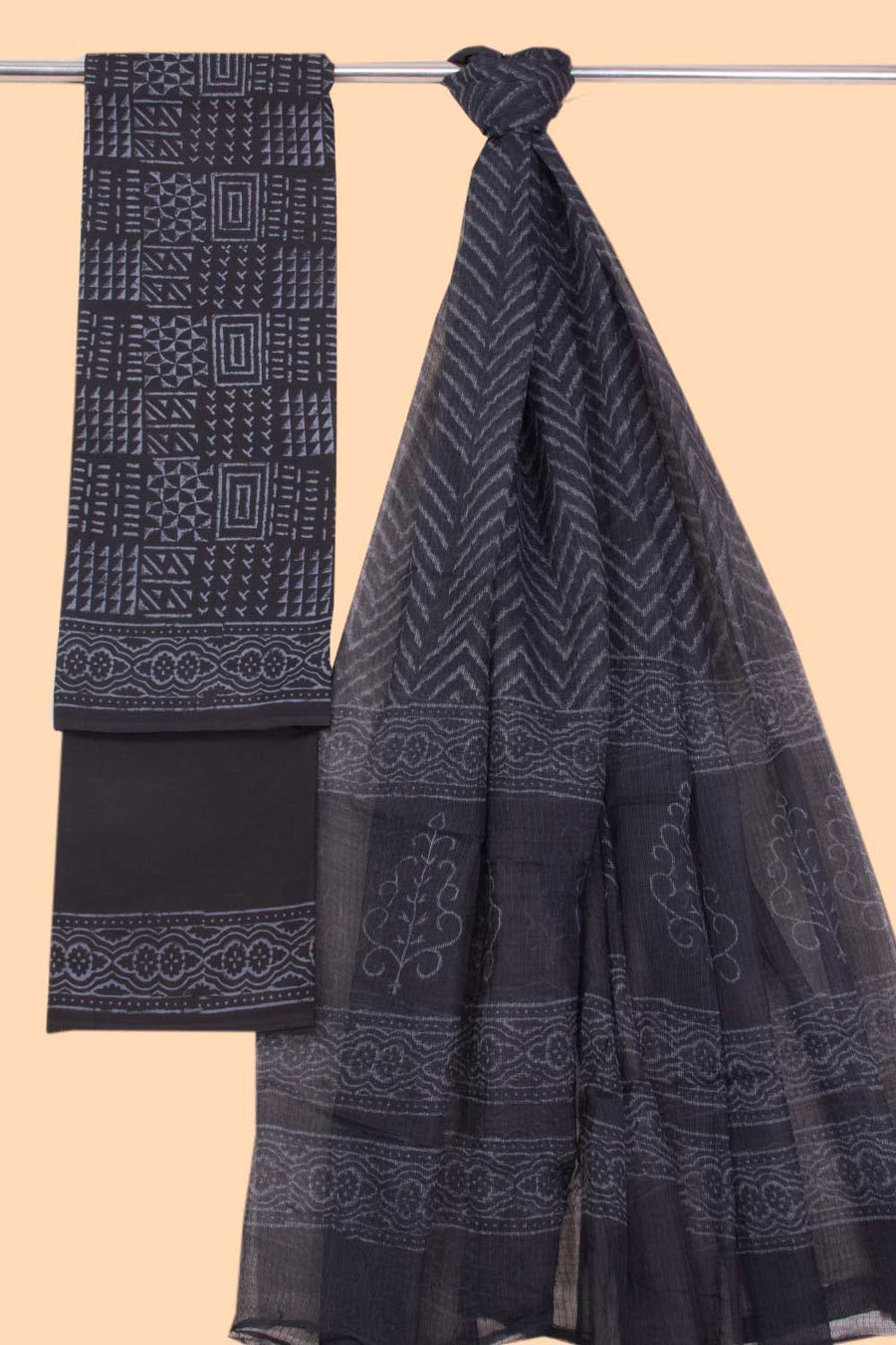 Black 3-Piece Mulmul Cotton Salwar Suit Material With Kota Dupatta 10070095 - Avishya