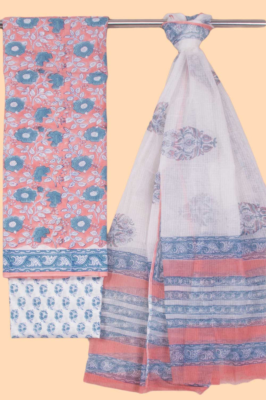 Peach 3-Piece Mulmul Cotton Salwar Suit Material With Kota Dupatta 10070099
