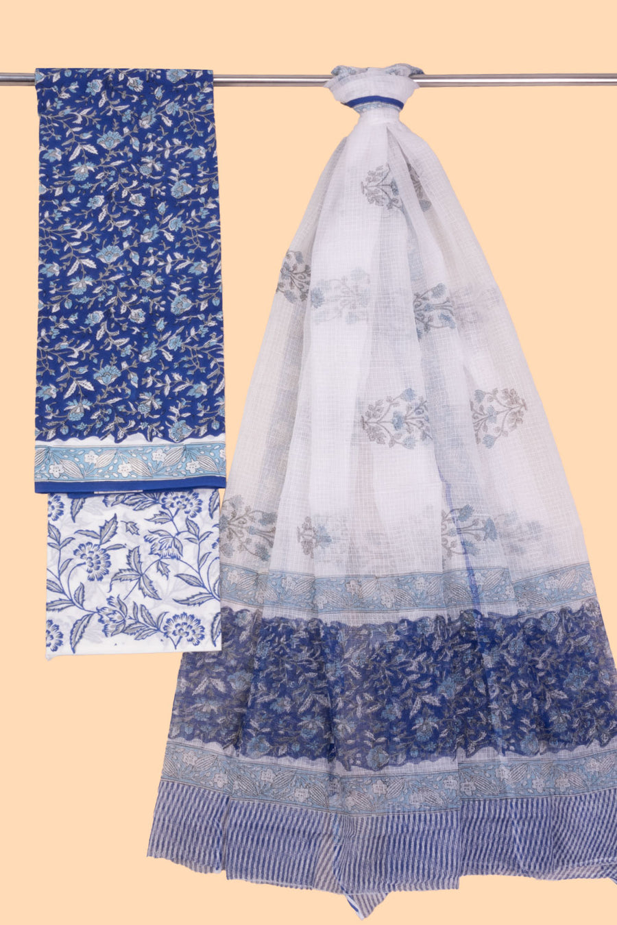 Blue 3-Piece Mulmul Cotton Salwar Suit Material With Kota Dupatta