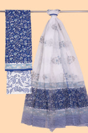 Blue 3-Piece Mulmul Cotton Salwar Suit Material With Kota Dupatta