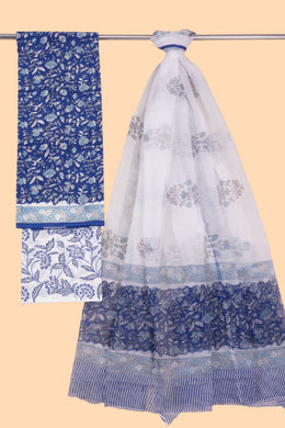 Blue 3-Piece Mulmul Cotton Salwar Suit Material With Kota Dupatta