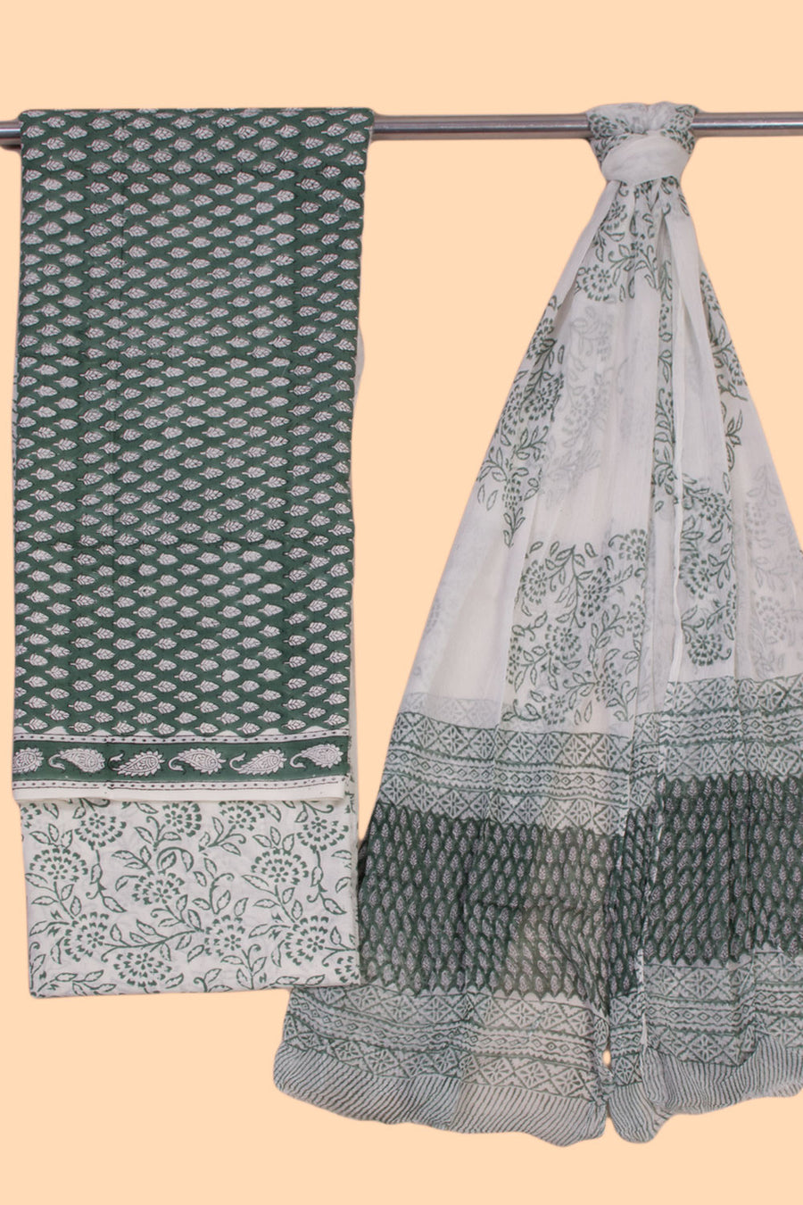 Green 3-Piece Cotton Salwar Suit Material With Chiffon Dupatta 10070131