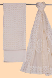 Off White Solid Style Cutwork Applique Embroidered Cotton 3 Piece Salwar Suit Material 10070144
