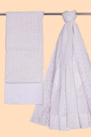 White Solid Style Cutwork Applique Embroidered Cotton 3 Piece Salwar Suit Material 10070151