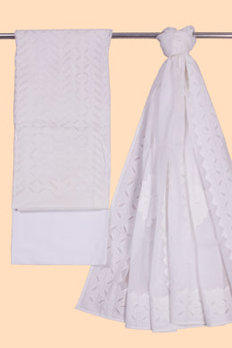 White Solid Style Cutwork Applique Embroidered Cotton 3 Piece Salwar Suit Material 10070151