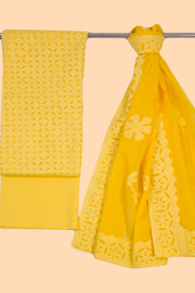 Yellow Barmer Applique Embroidered Cotton 3 Piece Salwar Suit Material 10070154