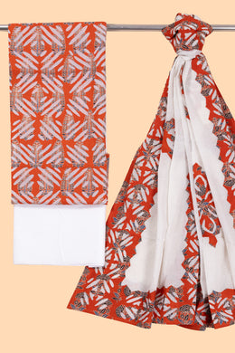 Red Ajrakh Printed Cutwork Applique Embroidered Cotton 3 Piece Salwar Suit Material