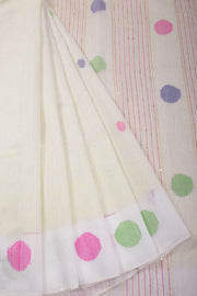 Off White Bengal Phulia Silk Cotton Saree With sequin embellished Pallu