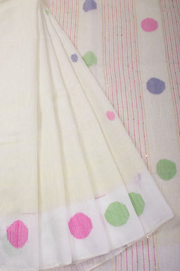 Off White Bengal Phulia Silk Cotton Saree With sequin embellished Pallu