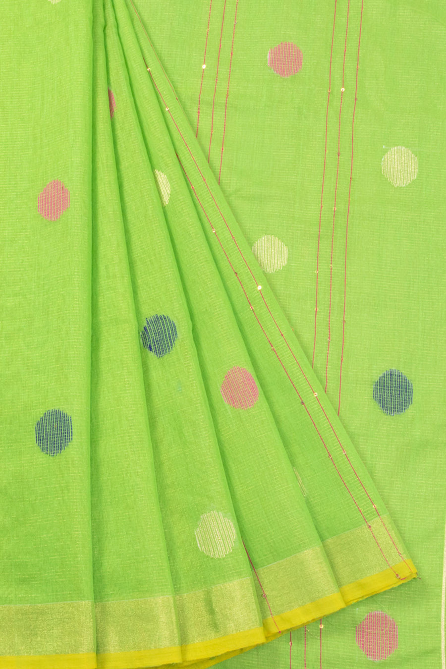 Lime Green Bengal Phulia Silk Cotton Saree With sequin embellished Pallu 10070190