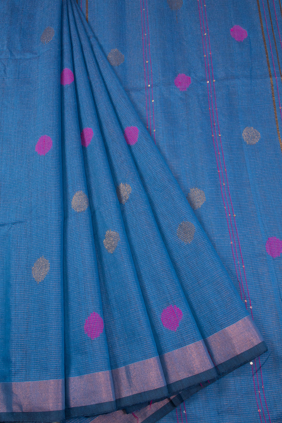 Cobalt Blue Bengal Phulia Silk Cotton Saree With sequin embellished Pallu 10070192